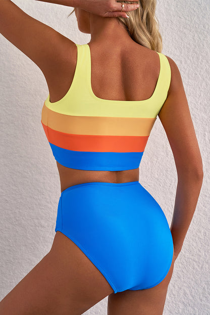 Stacey B's Blue Colorblock Square Neck Top Pleated High Waisted Bikini