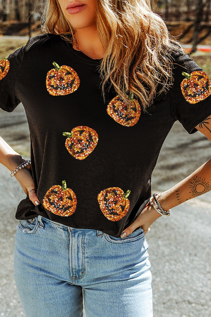 Stacey B's Black Sequin Pumpkin Face Halloween T Shirt