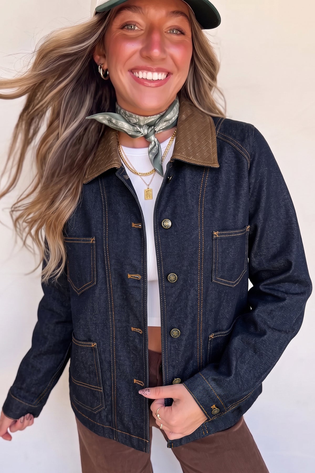 Stacey B's Navy Blue Contrast Collar Stitched Detail Button Denim Jacket