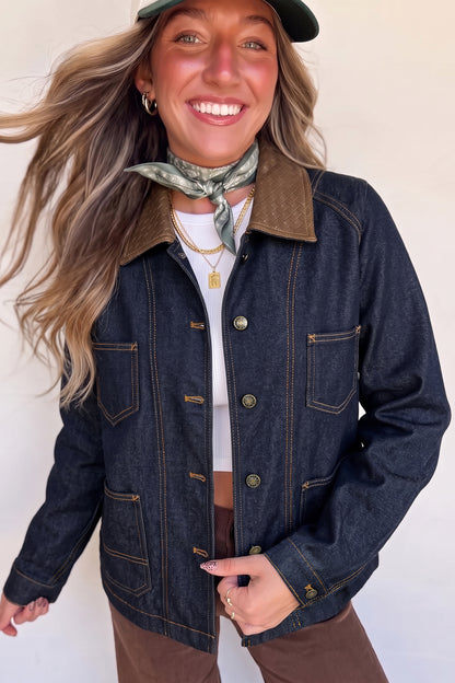 Stacey B's Navy Blue Contrast Collar Stitched Detail Button Denim Jacket