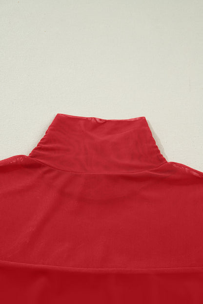 Stacey B's Fiery Red Sheer Mesh Patchwork High Neck Long Sleeve Top