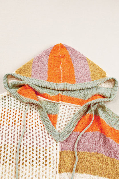 Stacey B's Beige Oversized Colorblock V Neck Hooded Sweater