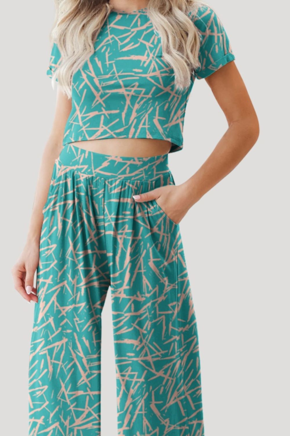 Stacey B!s Printed Round Neck Short Sleeve Top and Pants Set