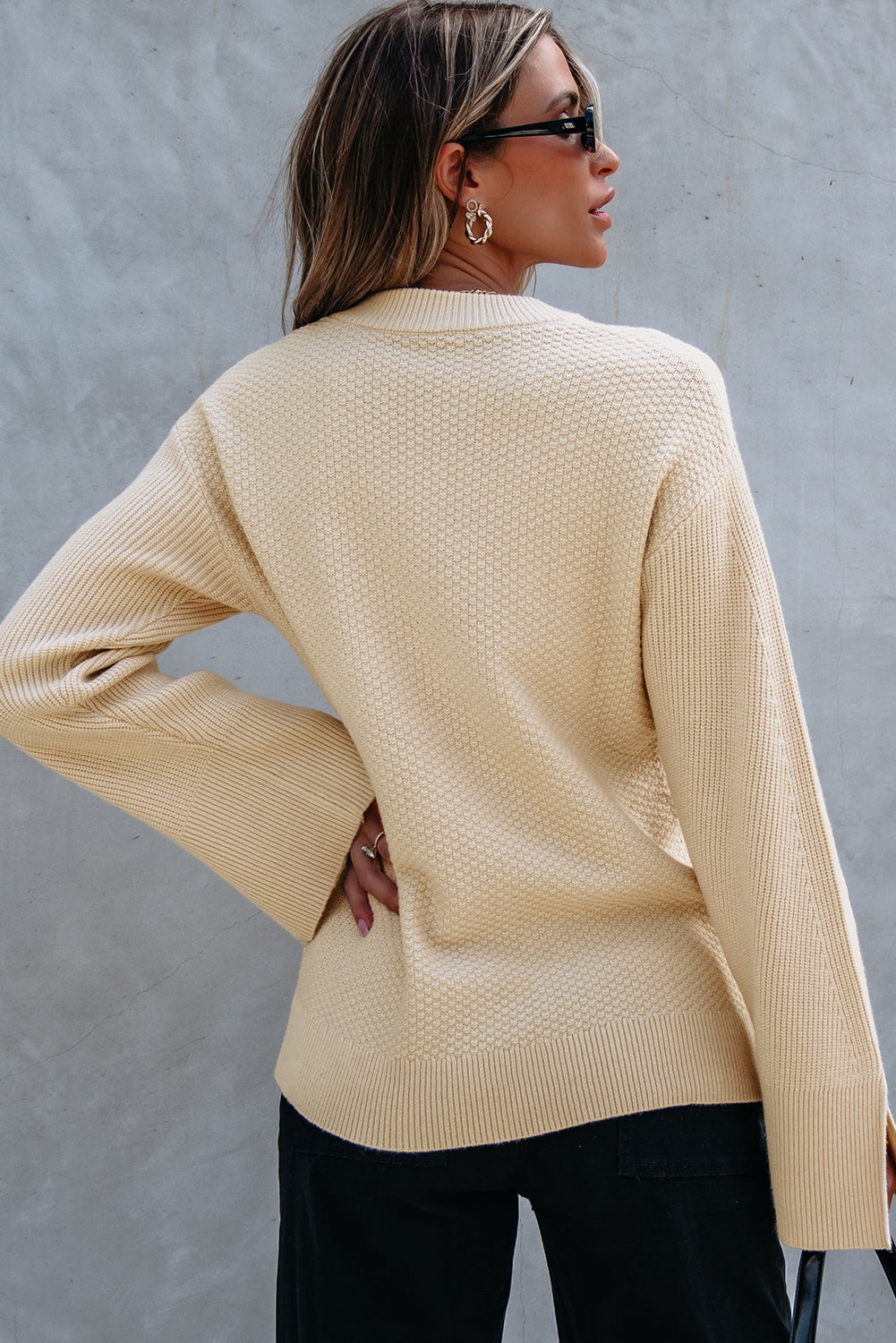 Stacey B's Parchment Solid Textured Knit Split Cuff Drop Shoulder Loose Sweater