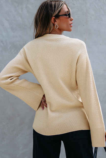 Stacey B's Parchment Solid Textured Knit Split Cuff Drop Shoulder Loose Sweater
