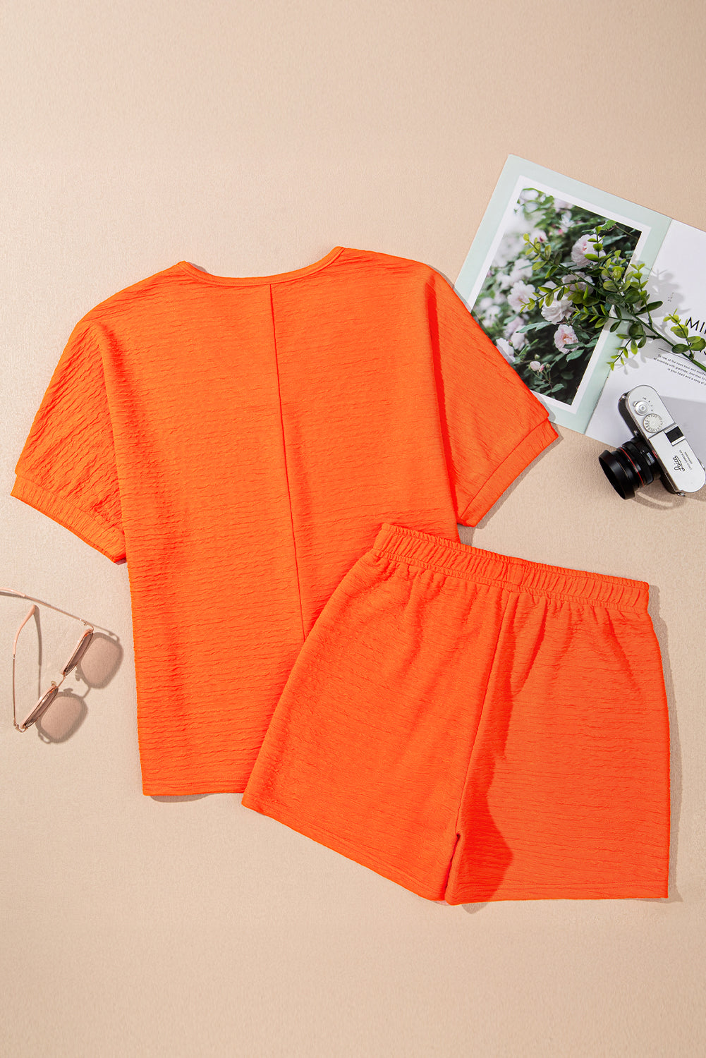 Stacey B's Orange Textured V Neck T Shirt and Shorts Set