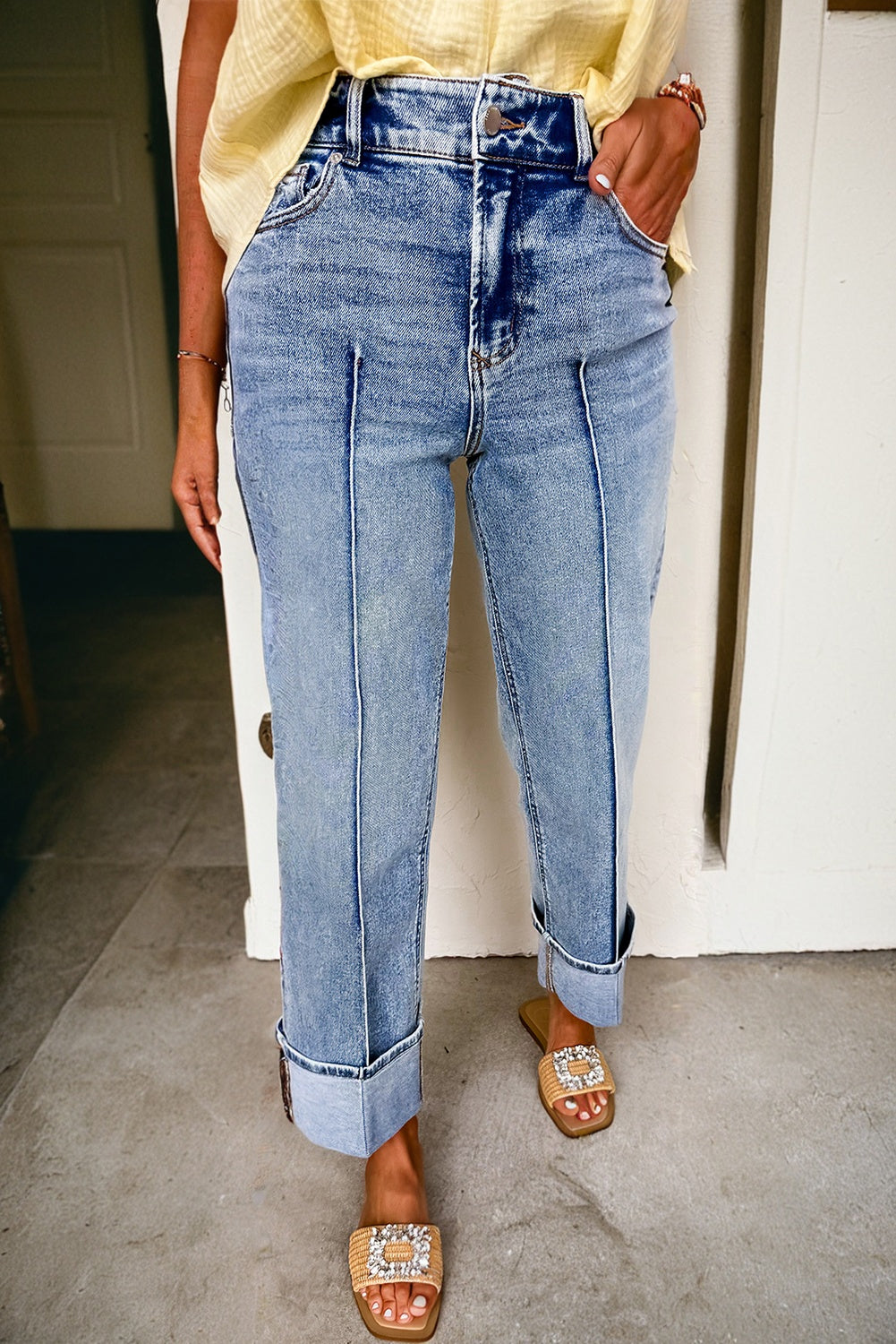Stacey B's Myosotis Center Seam Cuffed Hem Straight High Waist Jeans