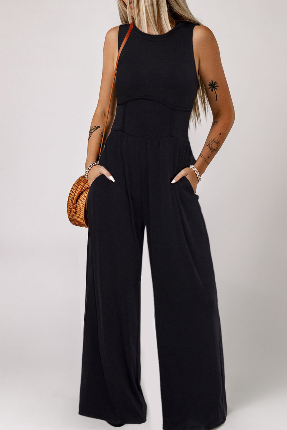 Stacey B's Blackish Green Sleeveless High Waist Wide Leg Jumpsuit