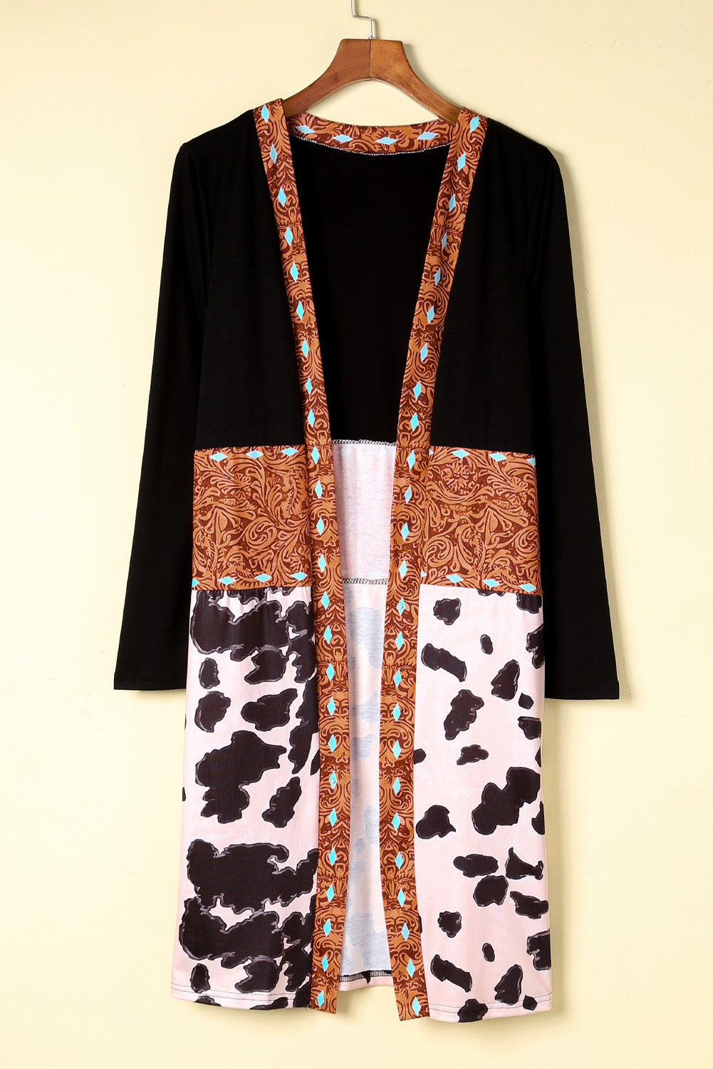 Stacey B's Black Western Pattern Cow Patchwork Open Front Cardigan