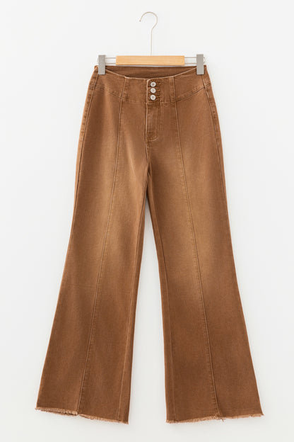Stacey B's Coffee High Waist Button Fly Seamed Raw Hem Flare Jeans