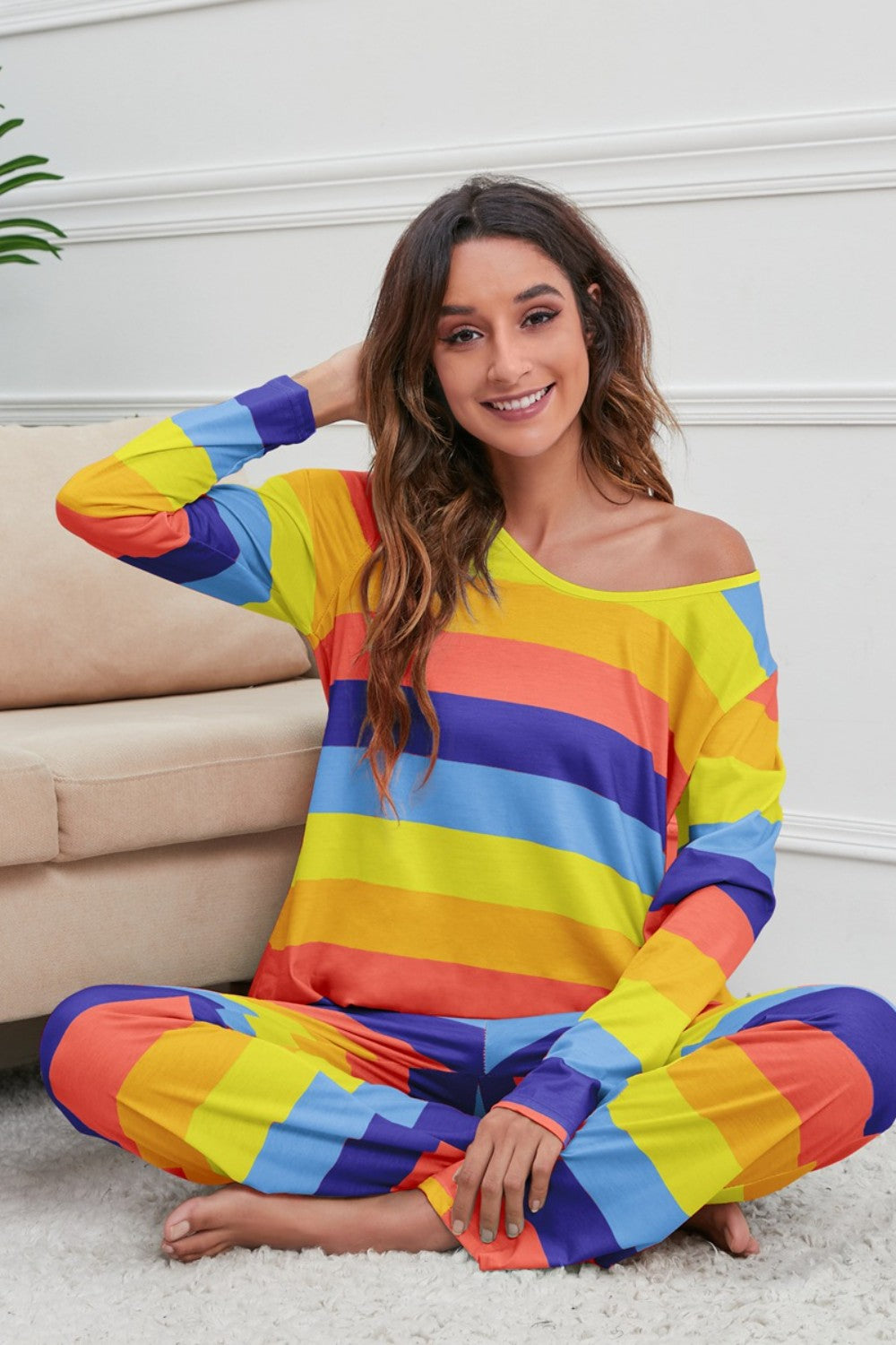 Stacey B's Striped Round Neck Long Sleeve Top and Drawstring Pants Lounge Set