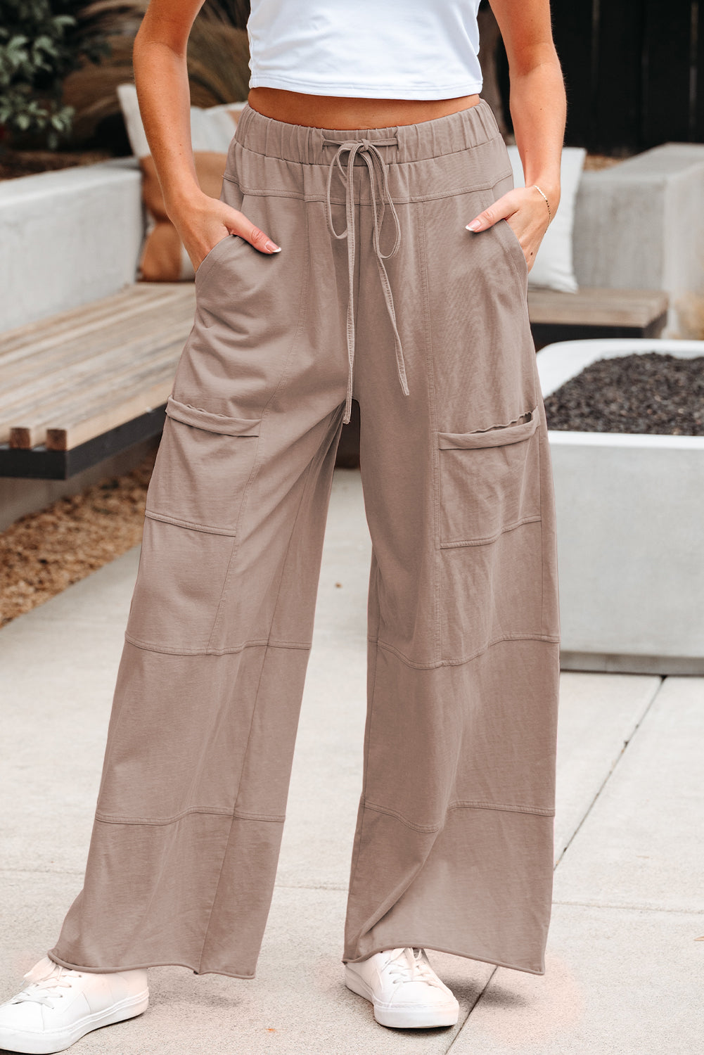 Stacey B's Smoke Gray Mineral Wash Exposed Seam Drawstring Elastic Waistband Wide Leg Cargo Pants