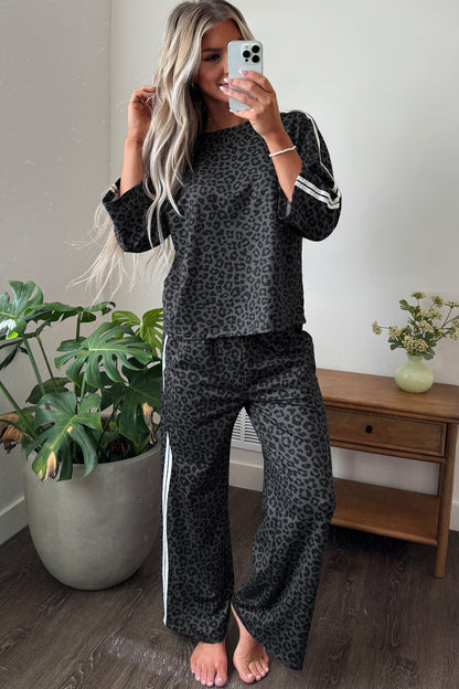 Stacey B's Gray Leopard Print Varsity Striped Detail 3/4 Sleeve Top Shift Pant Set