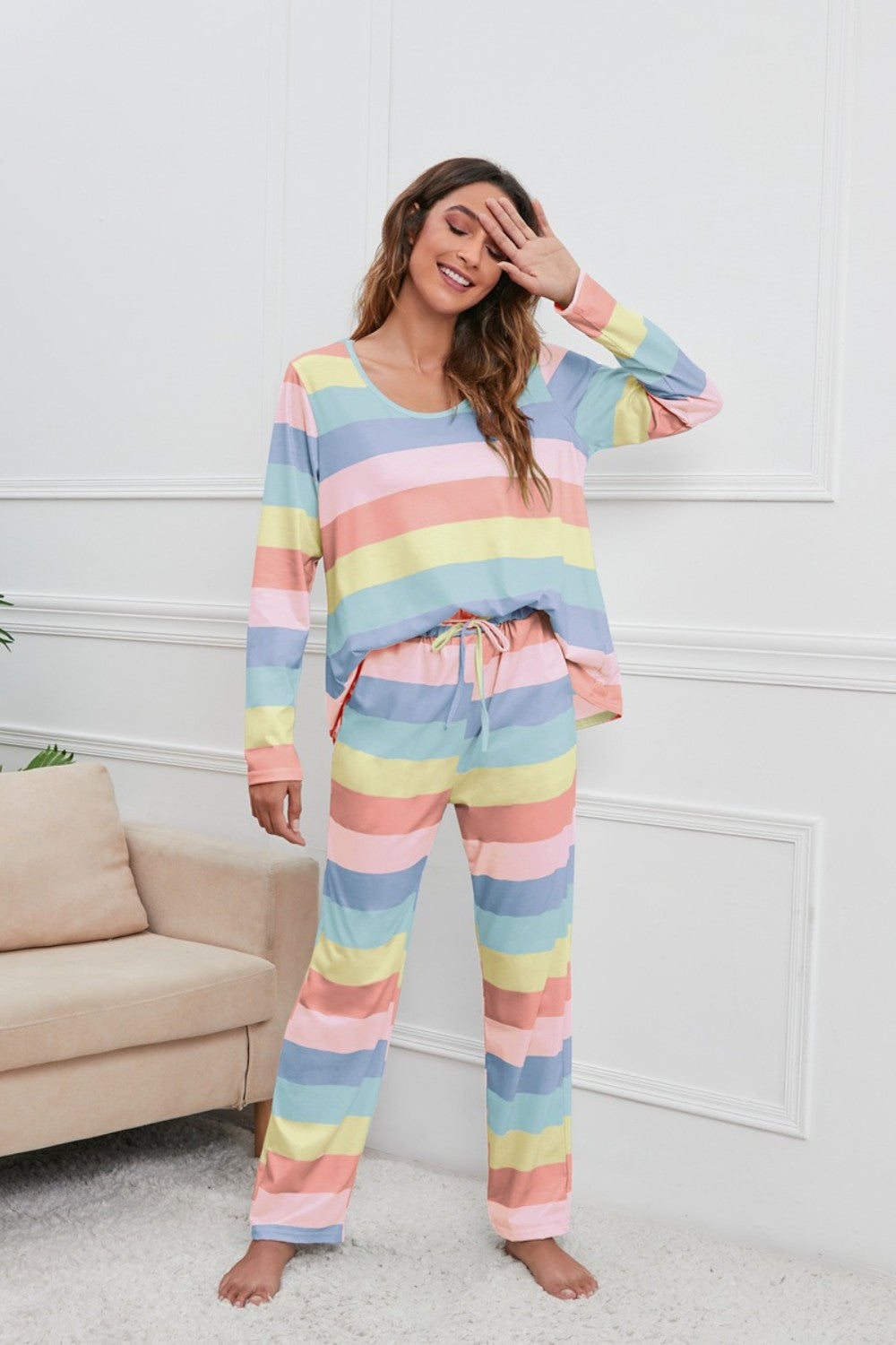 Stacey B's Striped Round Neck Long Sleeve Top and Drawstring Pants Lounge Set