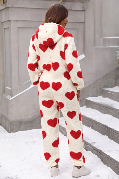 Stacey B's Fuzzy Heart Zip Up Hooded Lounge Jumpsuit