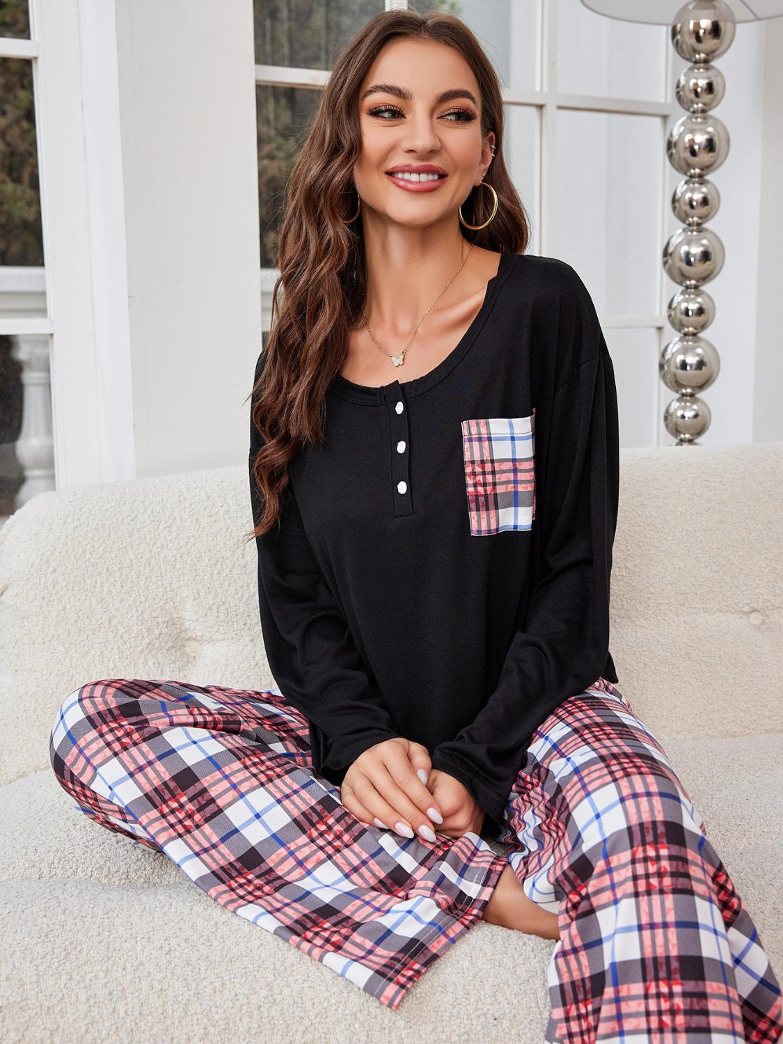 Stacey B's Round Neck Long Sleeve Top and Plaid Pants Lounge Set