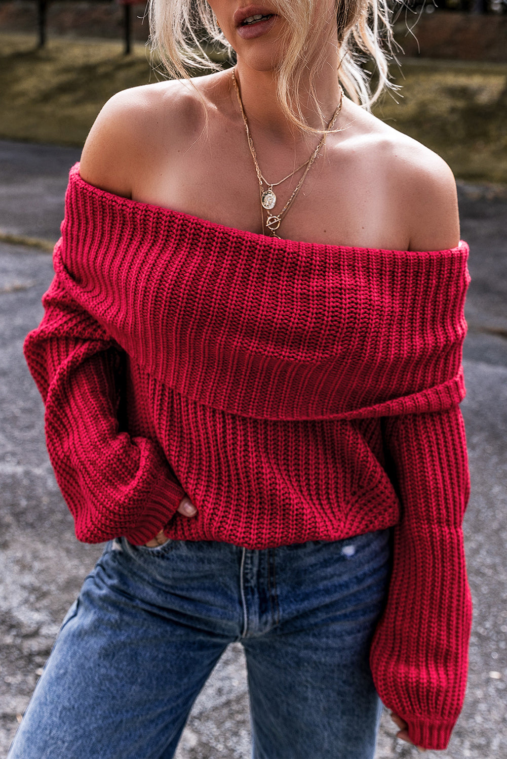 Stacey B's Racing Red Off-the-shoulder Knit Sweater