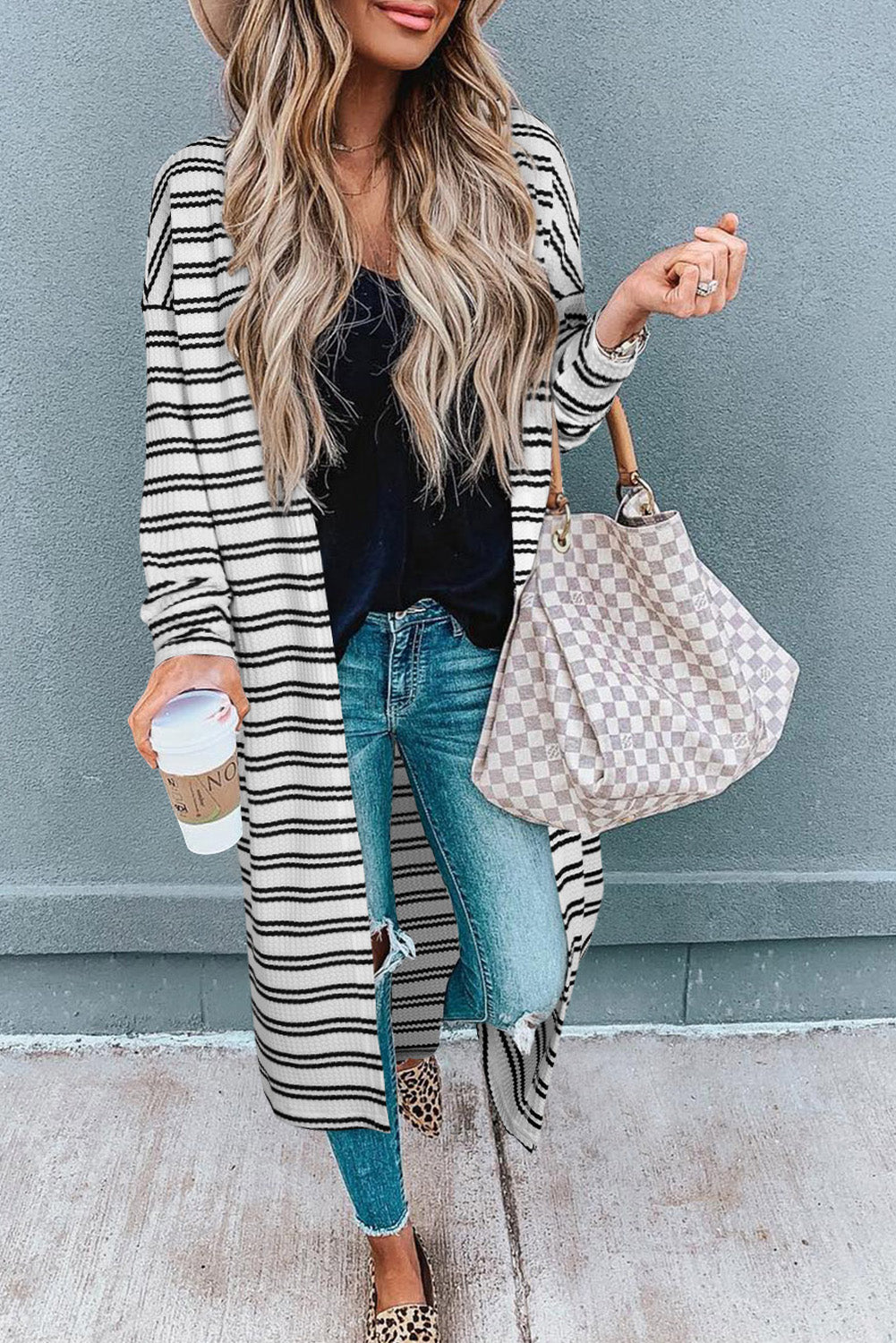 Stacey B's Black Stripe Print Open Front Duster Cardigan