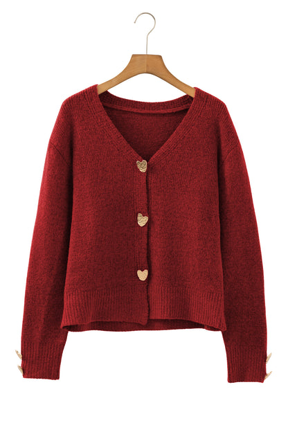 Stacey B's Fiery Red Heart Metal Button V Neck Cardigan Sweater