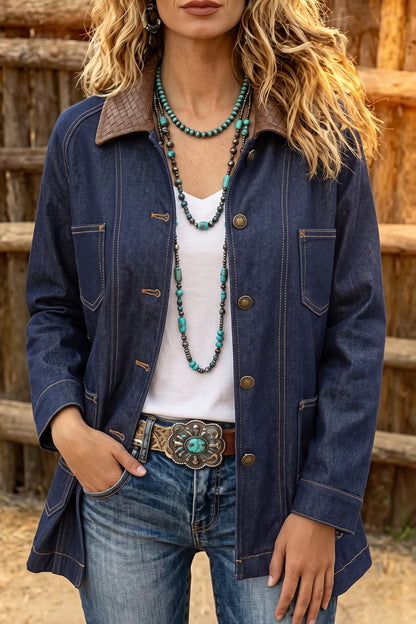 Stacey B's Navy Blue Contrast Collar Stitched Detail Button Denim Jacket