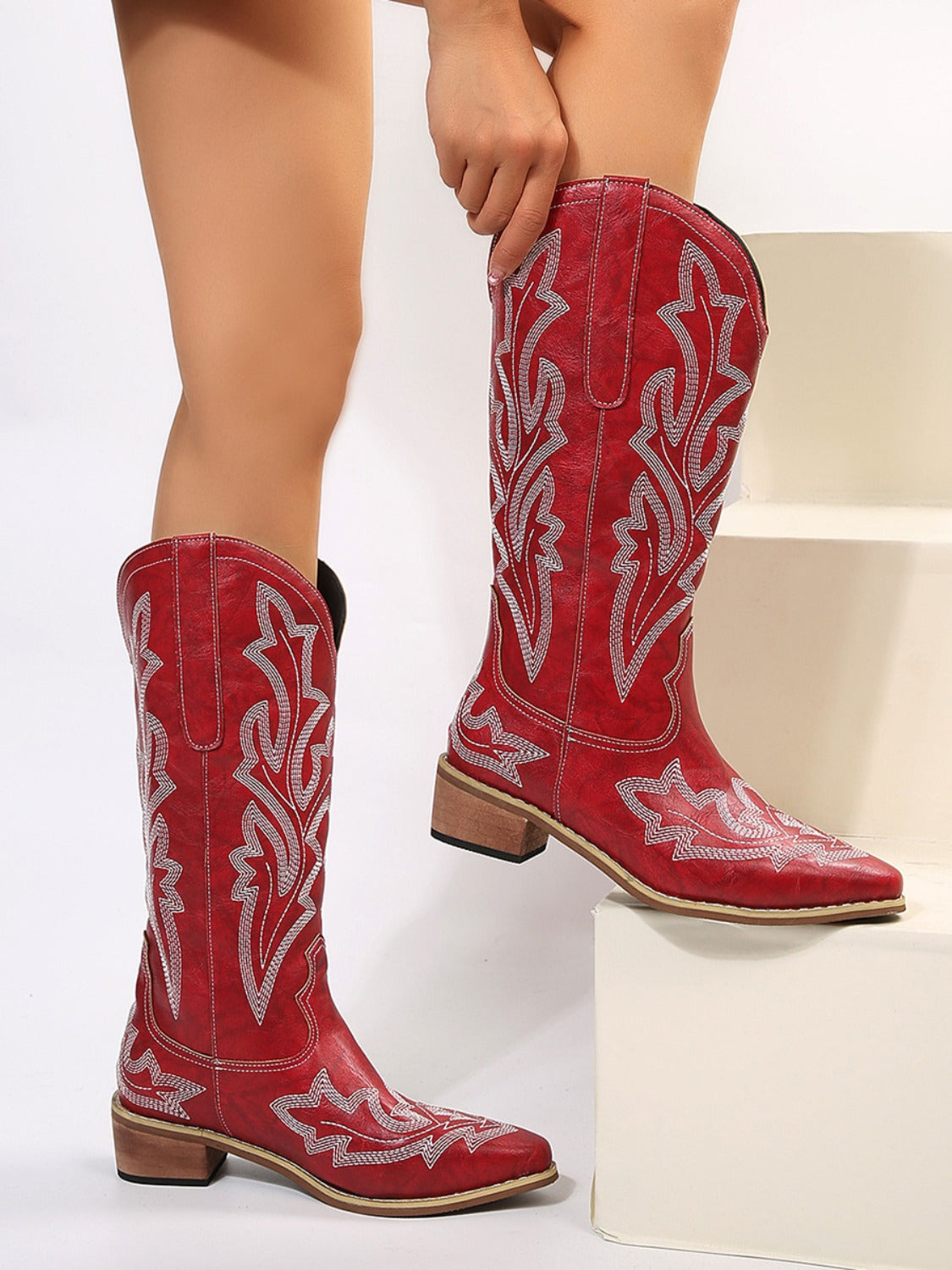 Stacey B's PU Leather Embroidered Geometric Point Toe Boots