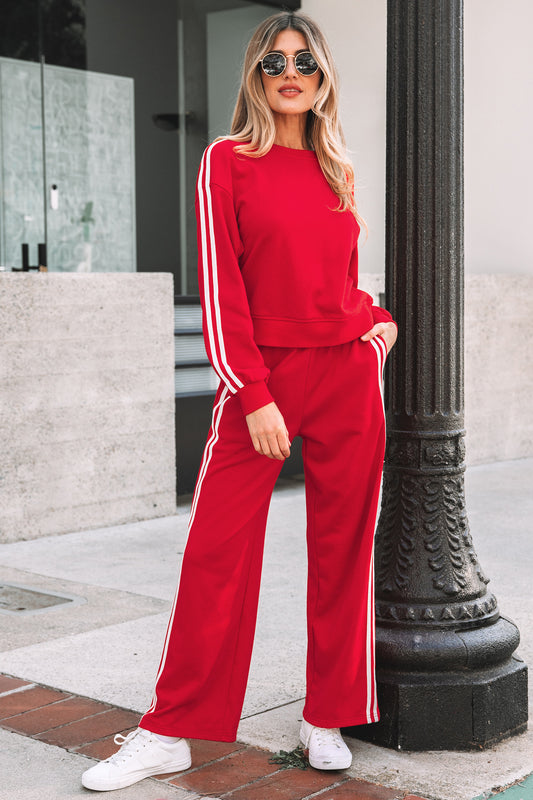 Stacey B's Fiery Red Varsity Striped Detail Crewneck Pullover Elastic Sweatpants 2pcs Outfit