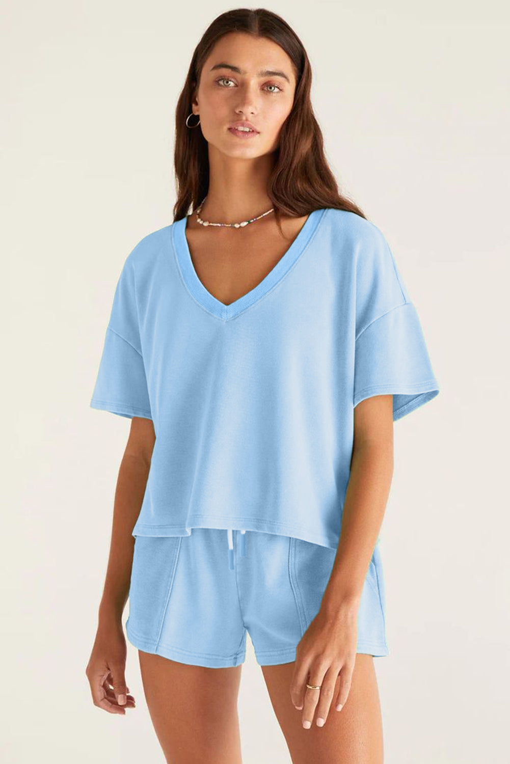 Stacey B's Myosotis V Neck Drop Shoulder Tee and Patchwork Shorts Set