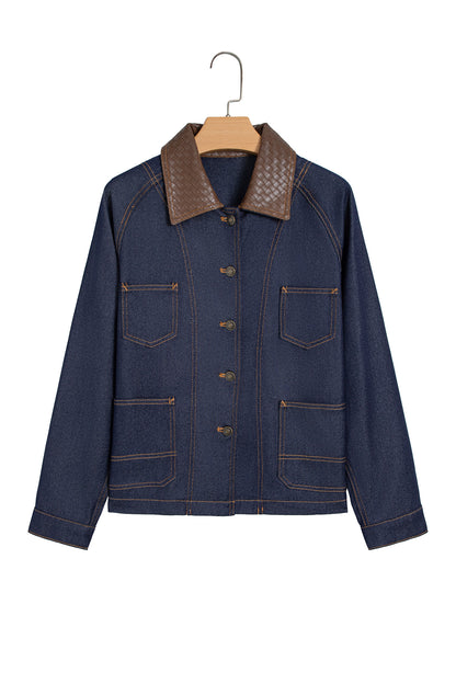 Stacey B's Navy Blue Contrast Collar Stitched Detail Button Denim Jacket