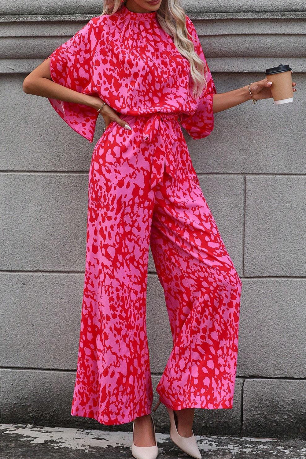 Stacey B's Rose Leopard Print Flounce Sleeve Belted Wide Leg Jumpsuit