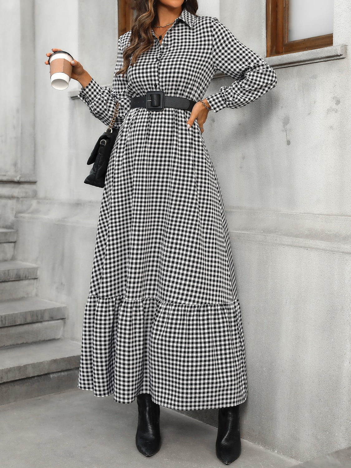 Stacey B's Ruffle Hem Plaid Long Sleeve Dress