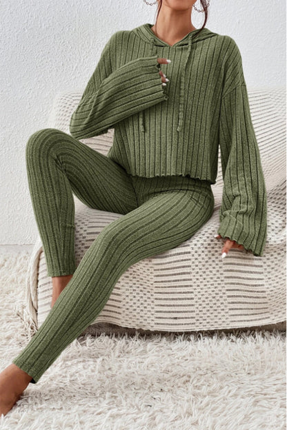 Stacey B's Lettuce Hem Dropped Shoulder Hooded Top and Pants Set