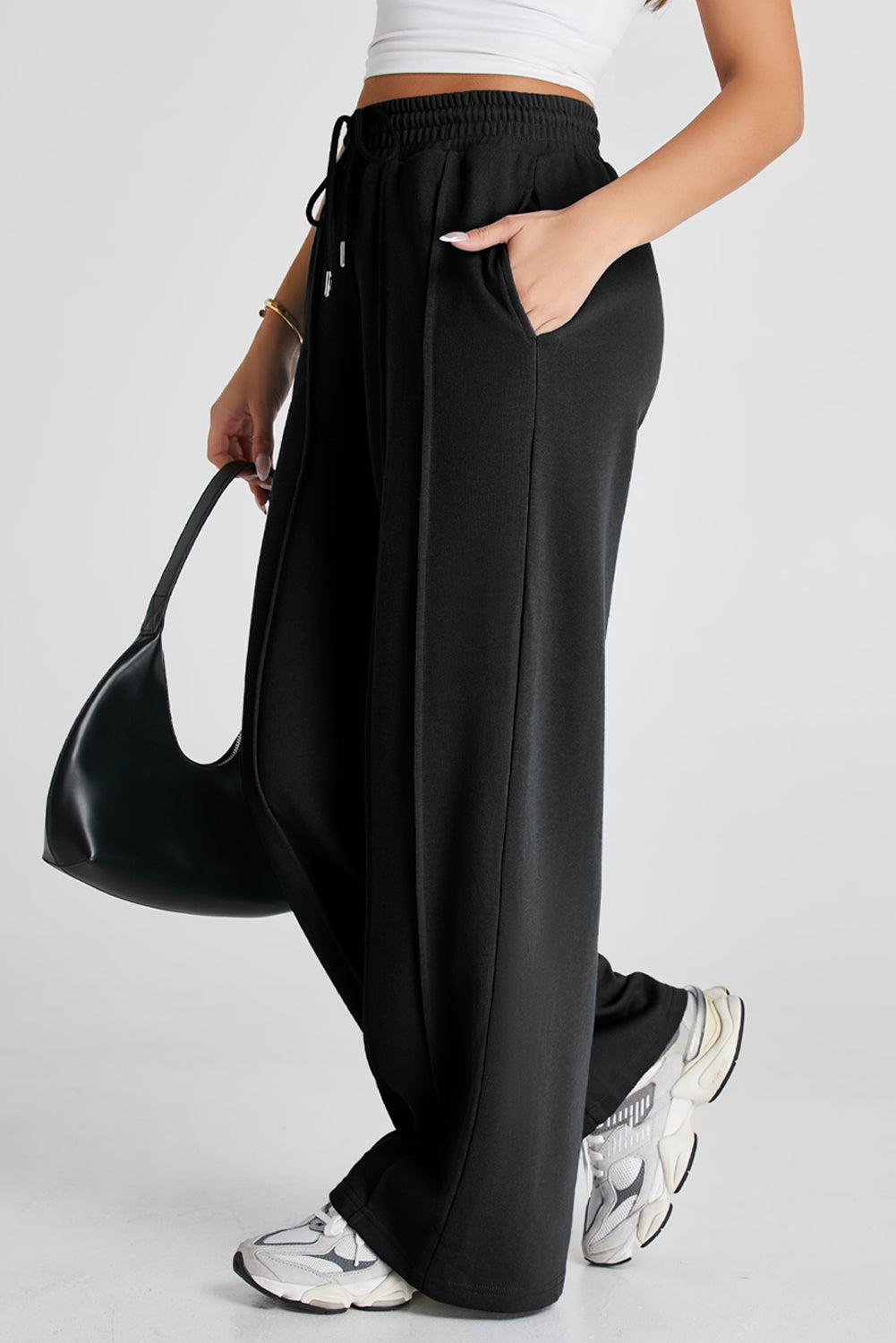 Stacey B's Black Seamed Drawstring High Waist Wide Leg Sweatpants