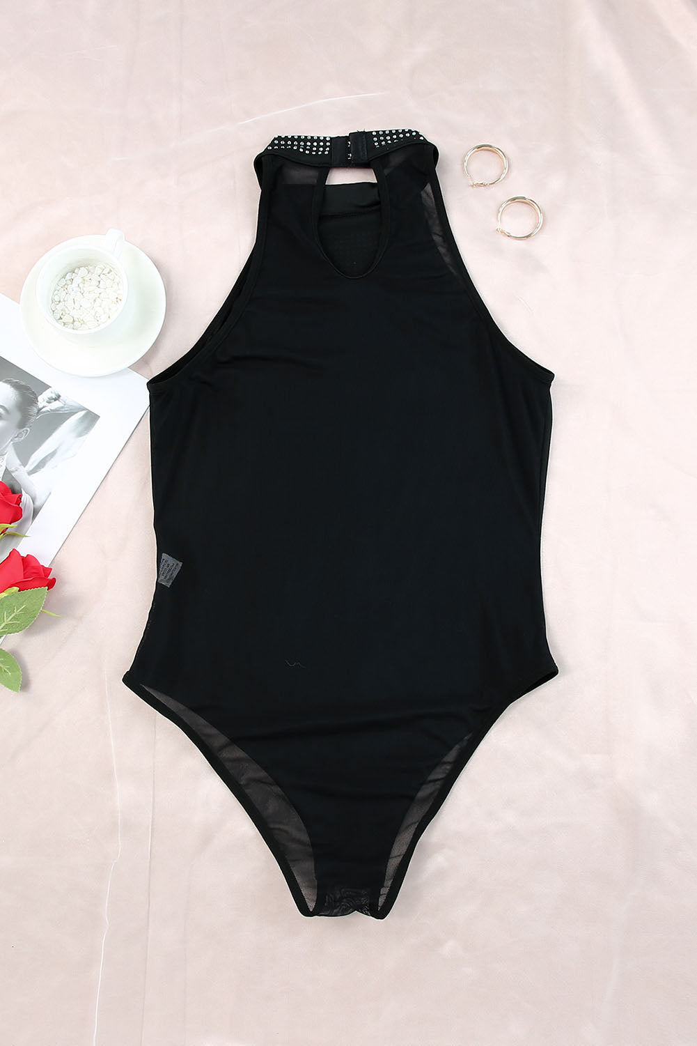 Stacey B's Black Sexy Rhinestone Sleeveless High Neck Bodysuit