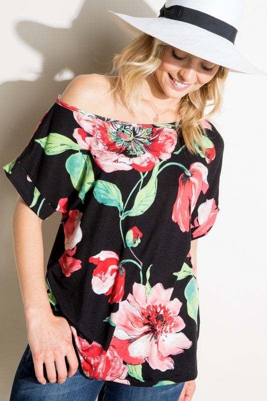 Stacey B's Plus Floral  One Shoulder Boxy Top