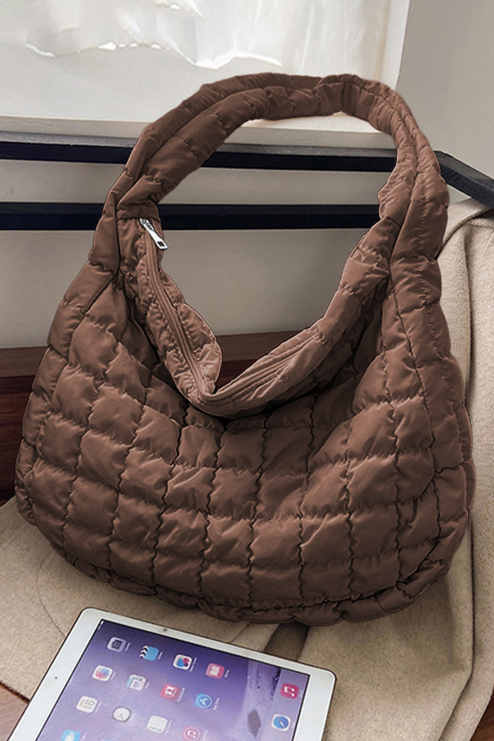 Stacey B's French Beige Quilted Zipper Large Shoulder Bag