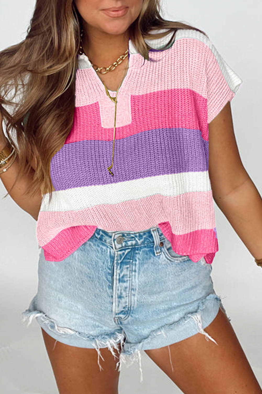 Stacey B's Pink Color Block Notch V Neck Sweater T Shirt