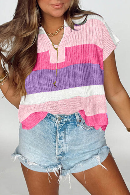 Stacey B's Pink Color Block Notch V Neck Sweater T Shirt