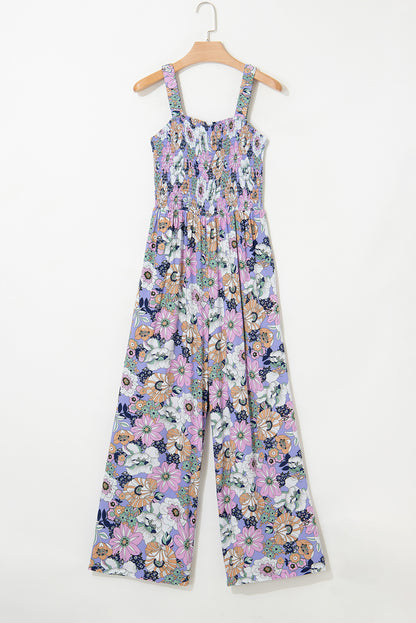Stacey B's Purple Floral Print Smocked High Waist Square Neck Jumpsuit