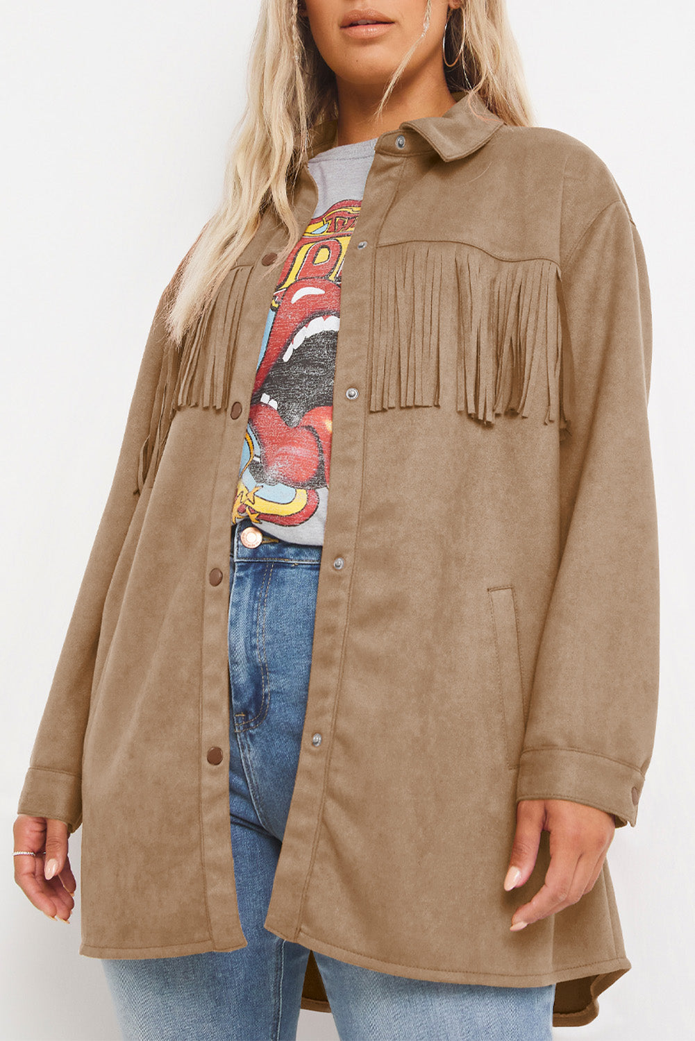 Stacey B's Khaki Fringe Trim Plus Size Suede Shacket