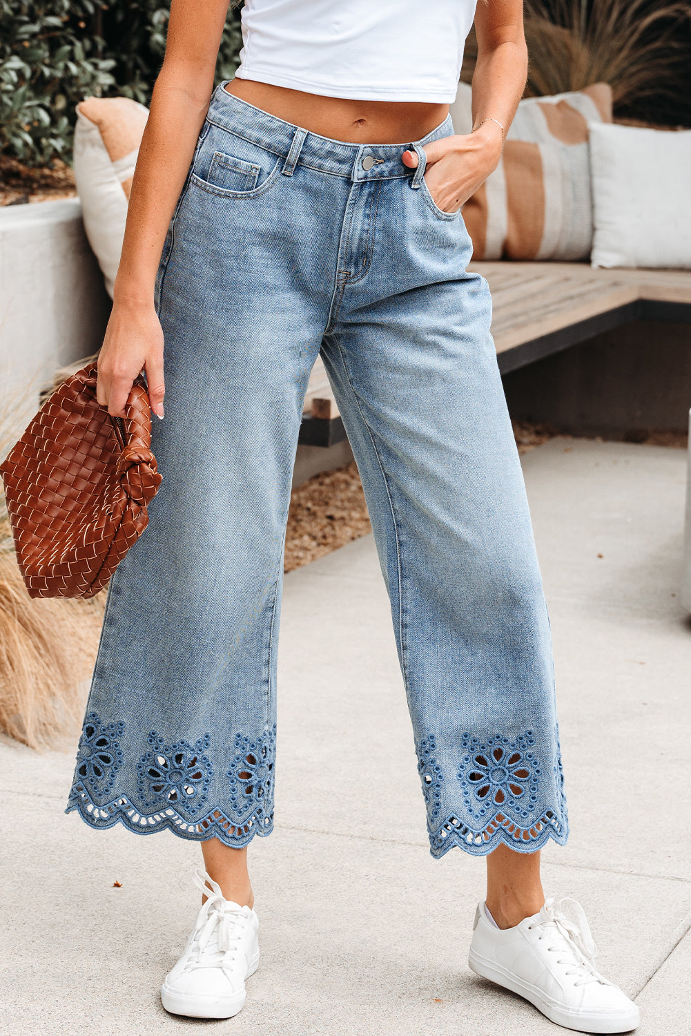 Stacey B's Dusk Blue Embroidered Cropped Wide Leg High Waist Jeans