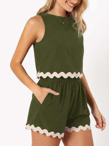 Stacey B's Contrast Trim Round Neck Top and Shorts Set
