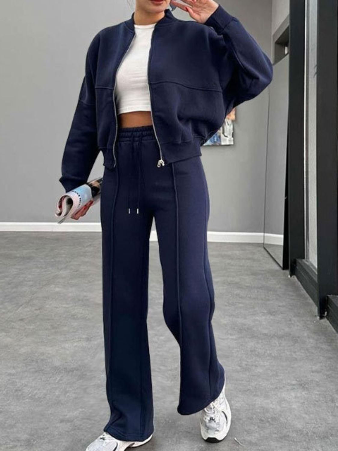 Stacey B's Baseball Collar Zip Up Outerwear and Drawstring Pants Set