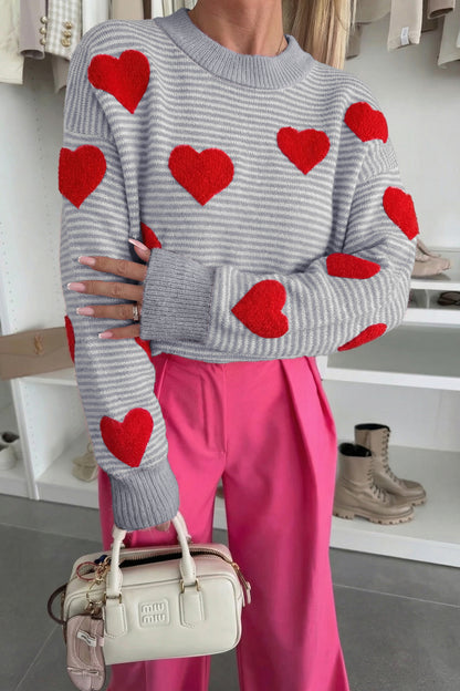 Stacey B's Gray Stripe Contrast Heart Pattern Valentine Knit Sweater