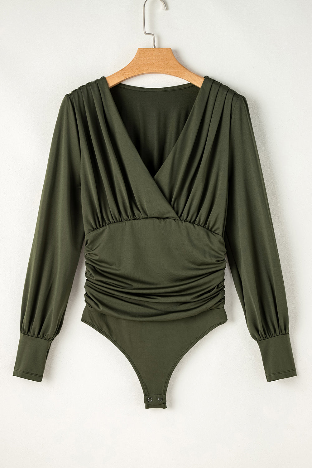 Stacey B's Moss Green Wrap V Neck Ruched Long Sleeve Bodysuit