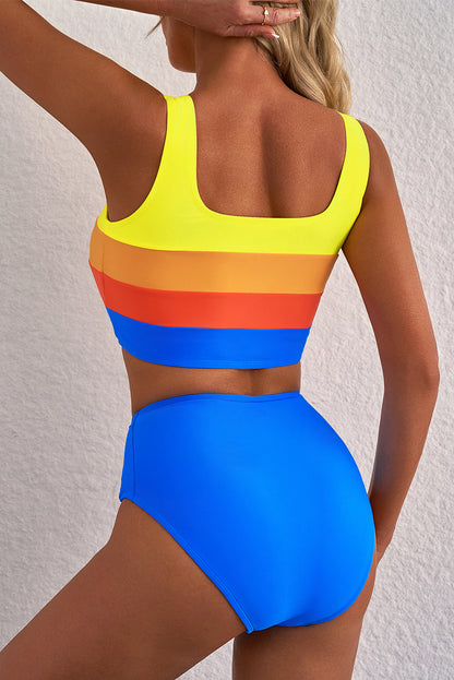 Stacey B's Blue Colorblock Square Neck Top Pleated High Waisted Bikini