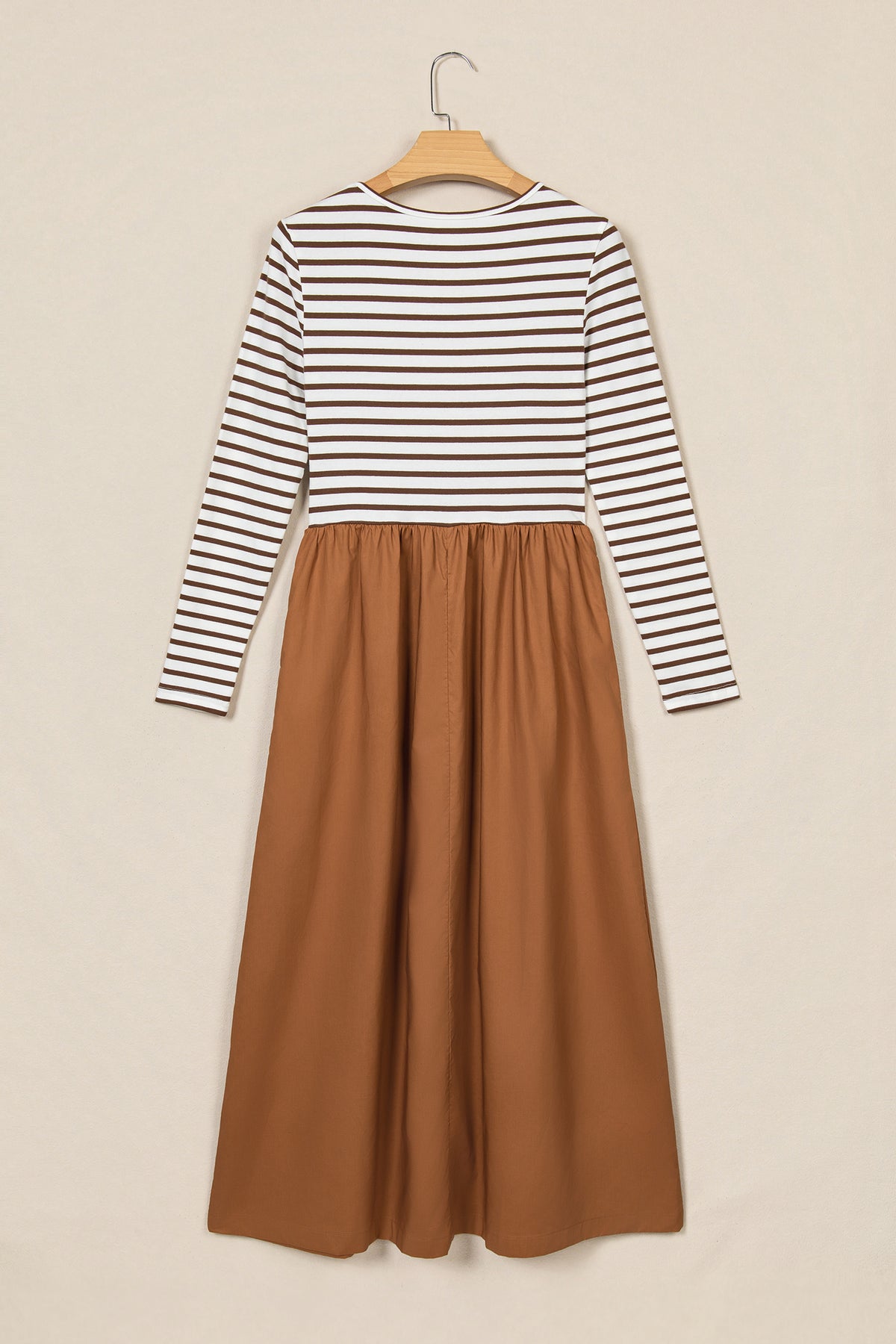 Stacey B's Brown Stripe Ribbed Knit Long Sleeve Bodice Contrast Patchwork Flared Dress