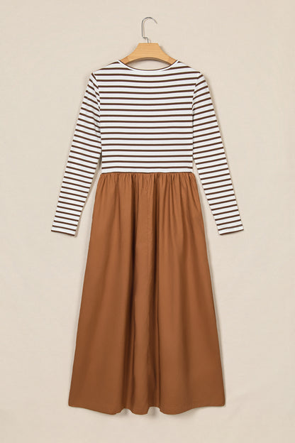 Stacey B's Brown Stripe Ribbed Knit Long Sleeve Bodice Contrast Patchwork Flared Dress