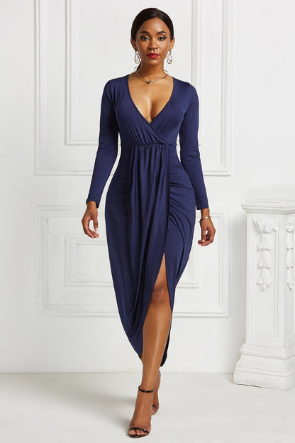 Stacey B's High-low Ruched Surplice Long Sleeve Dress