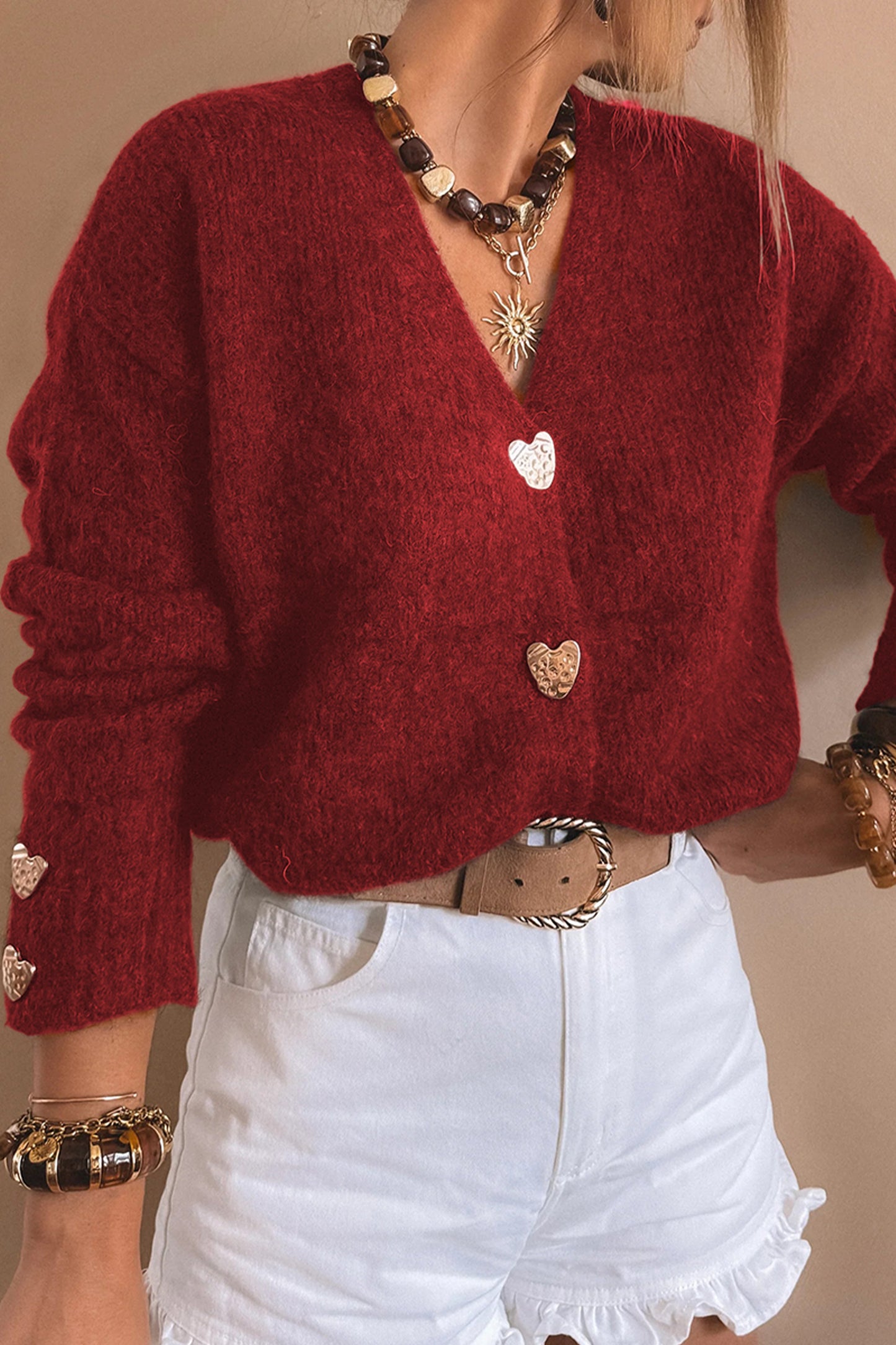 Stacey B's Fiery Red Heart Metal Button V Neck Cardigan Sweater