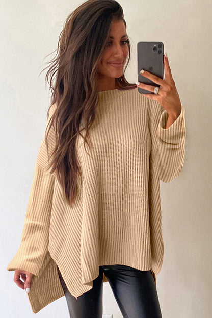 Stacey B's Apricot Cable Knit Drop Shoulder Side Slits Loose Sweater
